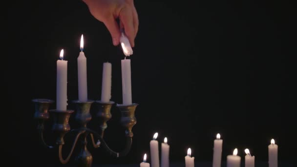 White Candle Lights Few Candles Candelabra Group White Candles Lit — Stock Video