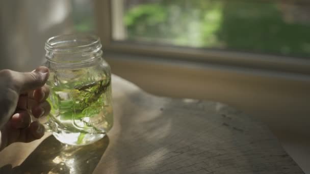 Hand Taking Glass Mug Herbal Tea Table — Wideo stockowe