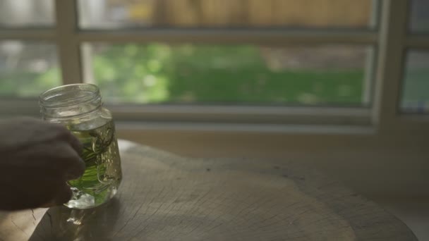 Hands Holding Hot Herbal Tea Glass Apartment — Stockvideo