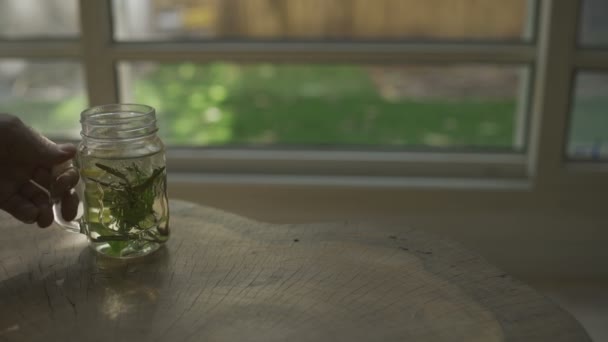 Herbal Tea Glass Set Table Overlooking Garden — Wideo stockowe