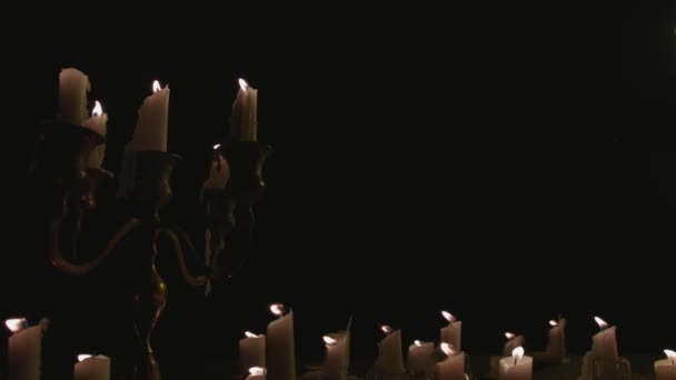 Group White Candles Some Candelabra Lit Running While Slow Motion — 图库视频影像