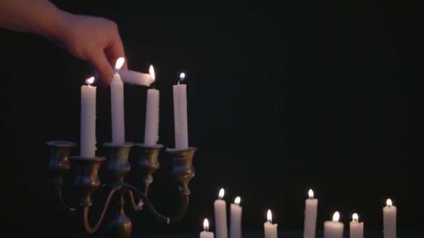 White Candle Lights Few Candles Candelabra Group White Candles Lit — Stockvideo