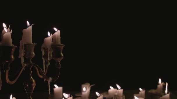 Group White Candles Some Candelabra Lit Running While Great Background — Stok video