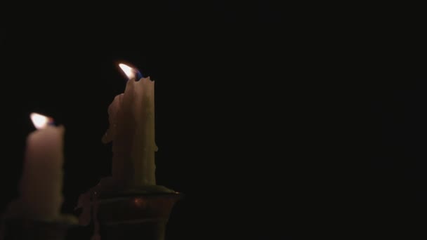 Close Two White Candles Lit Candelabra — Video Stock