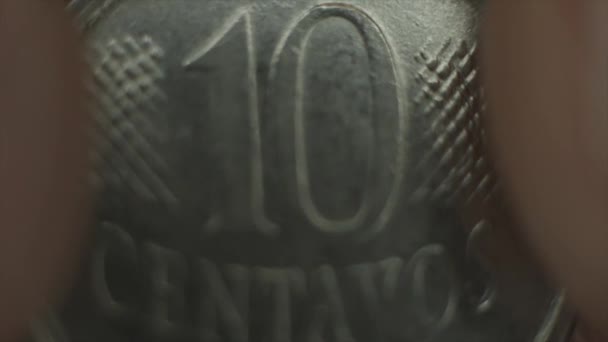 Extreme Close Brazilian Coin Worth Cents Centavos — Video Stock