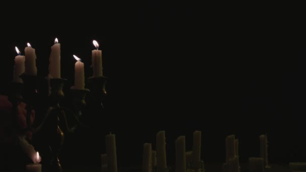 Fast Lighting Group White Candles Some Candelabra Lit Running While — Stock Video