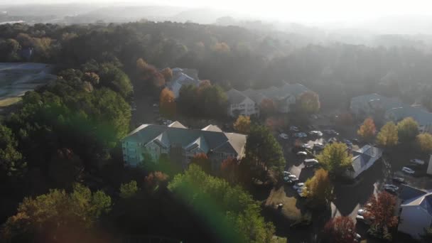 Aerial Tilt Reveal Maintenance Crew Truck Early Morning Apartment Complex — Stockvideo