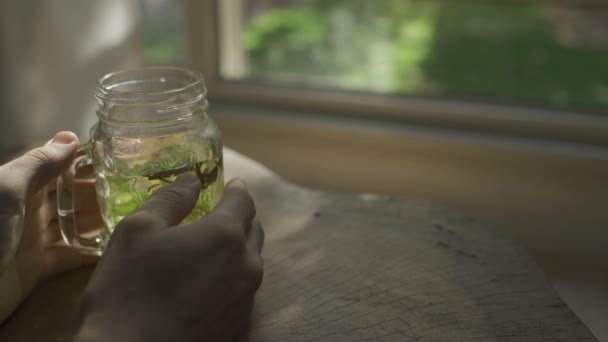 Setting Glass Herbal Tea Wooden Table — Video