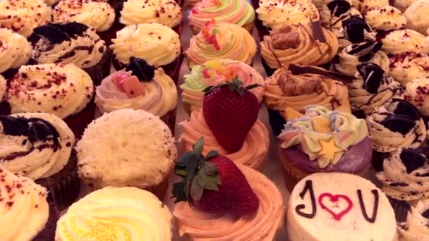 Camera Pans Selection Colourful Cup Cakes — Vídeo de Stock