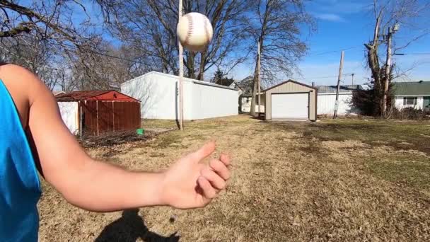 Adult Male Athlete Tosses Baseball Air Catches Field Slow Motion — Vídeos de Stock