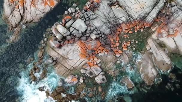 Aerial Bay Fires Bright Orange Rocks Waves Rock Pools Sea — Stockvideo