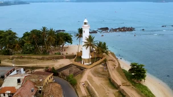 Aerial Drone Galle Fort Lighthouse Sunset Golden Hour Galle Dutch — Stok video