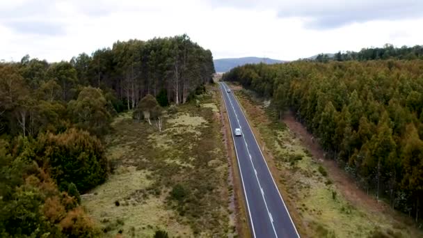 Aerial Follow Van Empty Country Road Tasmania Mobile Home Backpacking — Stockvideo