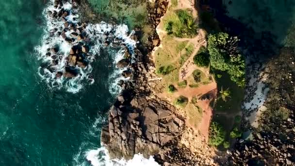 Aerial Drone Mirissa Beach Sunset Golden Hour Parrot Rock Waves — Stock video