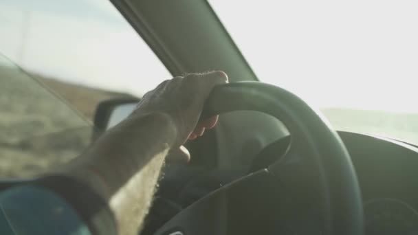 Hand Man Steering Wheel Driving Desert — Vídeos de Stock