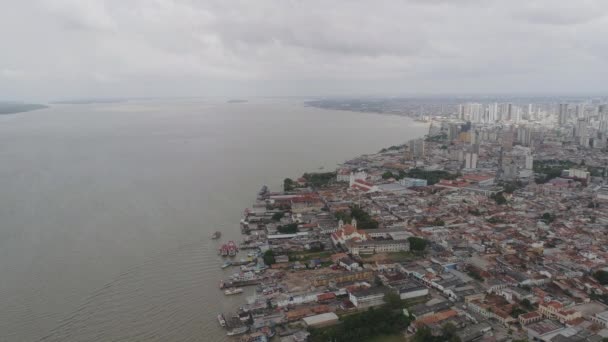 Aerial Shot Belem City Meeting River Pan Movement Brazil — 비디오