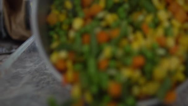 Медленное Движение Наливая Смешанные Овощи Стеклянную Тарелку Кастрюли — стоковое видео