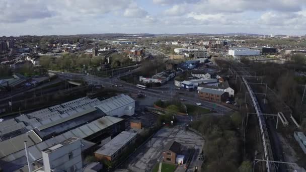 Aerial Footage Trains Approaching Stoke Trent Train Station Midlands Canal — 图库视频影像