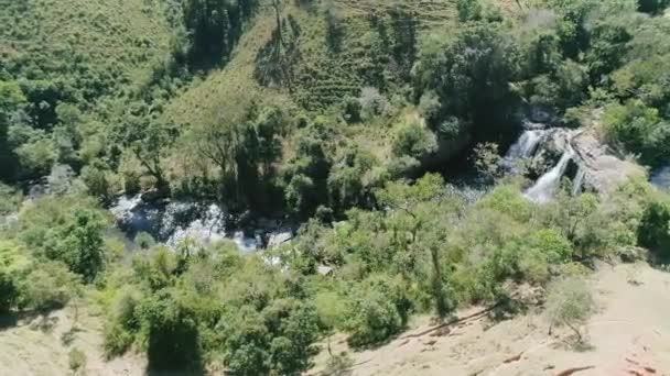 Aerial Shot Waterfall River Surroundings Forest Deforestation Nearby Brazil — Wideo stockowe