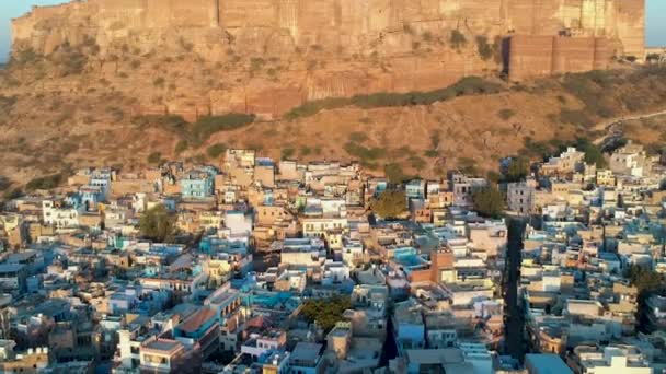 Sunrise Fly Densely Populated Blue City Jodhpur Rajasthan Índia — Vídeo de Stock