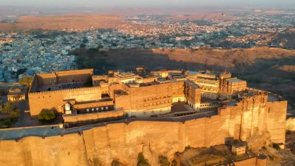 Golden Hour Aerial View Mehrangarh Fort Sunrise Jodhpur Rajasthan India — Vídeos de Stock