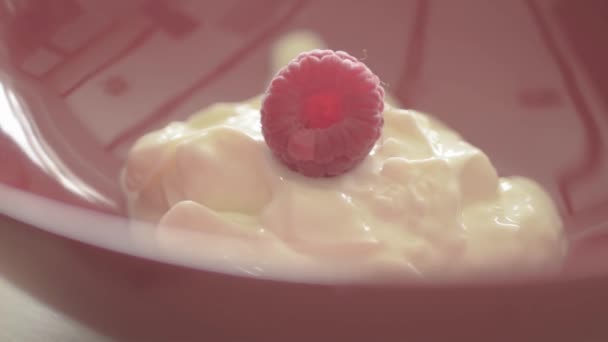 Dropping Raspberries Bowl Yoghurt — Stockvideo