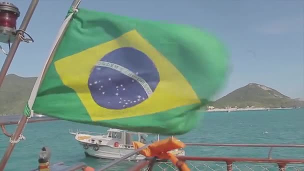 Brazilian Flag Trembling Boat Trip Brazil Windy Day — 图库视频影像