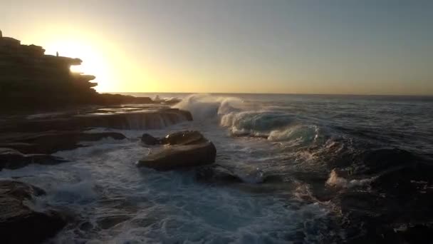 Dramatic Drone Shot Slow Motion Flying Spray Waves Crashing Rocks — Vídeo de Stock