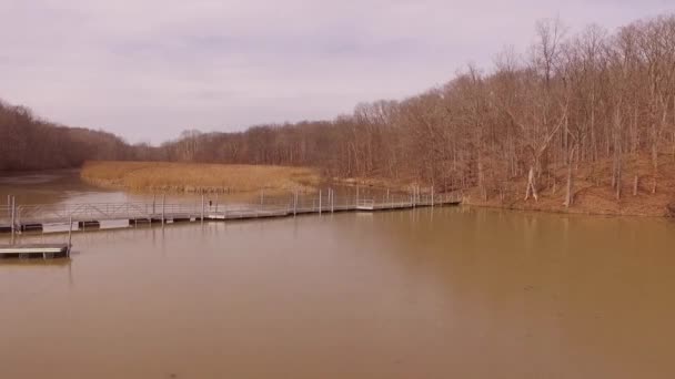 Aerial Footage Foot Bridge Crossing Icy Lake Winter State Park — Wideo stockowe