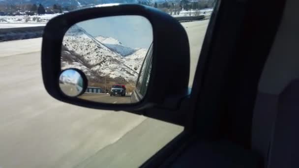 Rearview Mirror Car Traveling Winter Time Mountains Background — ストック動画