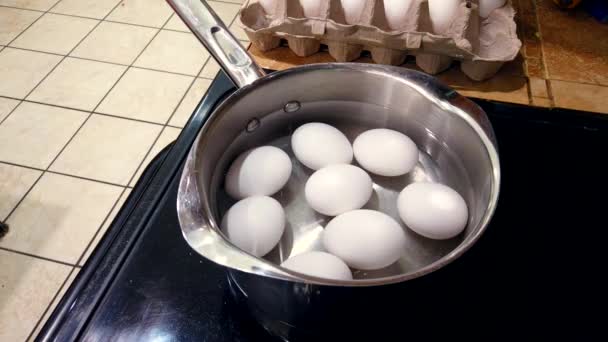 Fun Time Lapse Man Hard Boiling Eggs Pan Black Stove — Stock videók