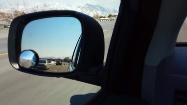 Driving Highway View Rearview Mirror Winter Time — Vídeos de Stock