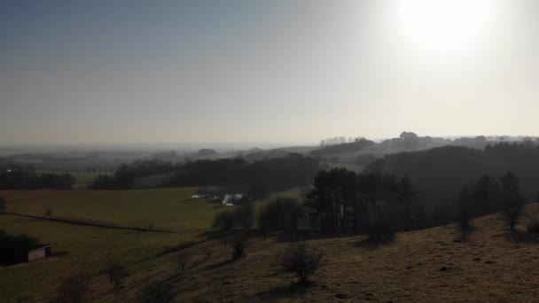 Aerial View Beautiful Green Hills Trees Lakes Moving Sunset Odsherred — Stockvideo