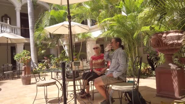 Mature Couple Sitting Cafe Umbrella Bright Light Palm Trees — Stock Video