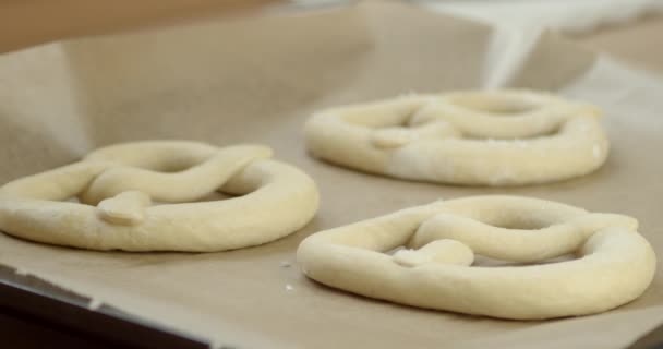 Slowmotion Shot Salt Being Put Frozen Pretzels — Stock Video