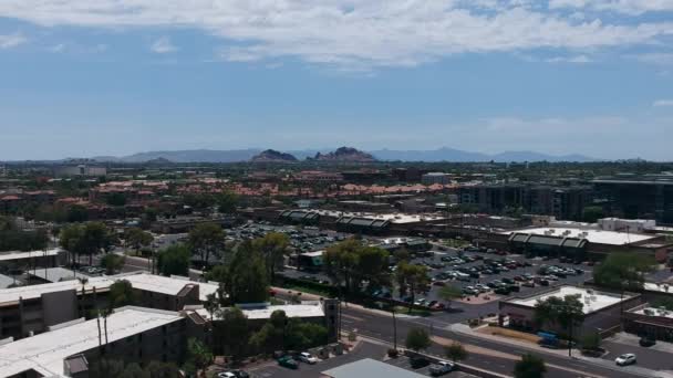 Drone Footage Residential Commercial Neighborhood Scottsdale Arizona Camelback Mountain Background — 图库视频影像
