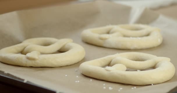 Slowmo Hand Placing Salt Frozen Pretzels Home — Vídeo de Stock