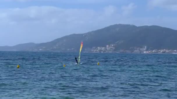 Windsurfer Surfing Waters Ajaccio Bay Beautiful Sunny Day France Flat — Vídeos de Stock