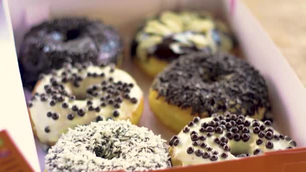 Foco Deslize Para Fora Caixa Cheia Yammi Donuts Close Shot — Vídeo de Stock