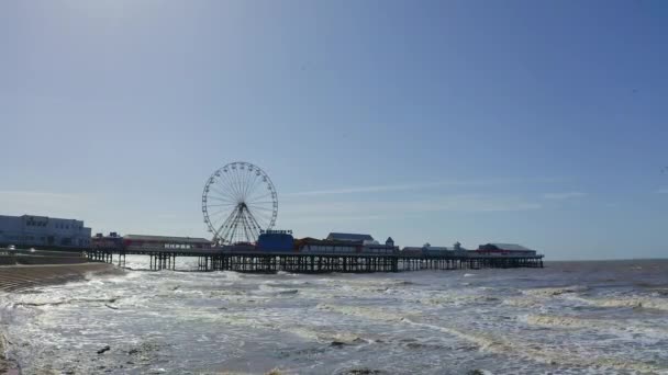 Stunning Aerial View Famous Blackpool Pier High Tide Award Winning — Stock video