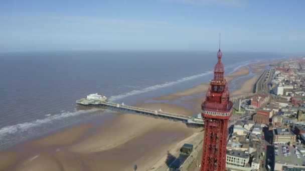Stunning Aerial Footage View Blackpool Tower Award Winning Blackpool Beach — Stock Video