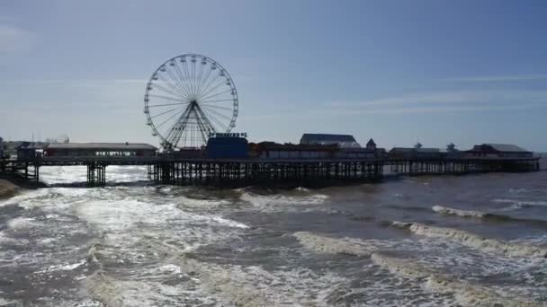Stunning Aerial View Famous Blackpool Pier High Tide Award Winning — Stock Video