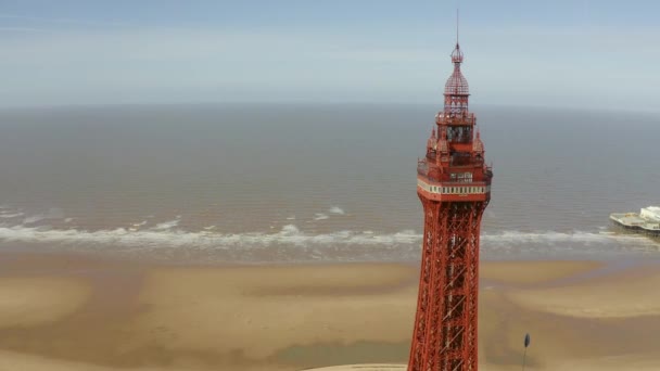 Stunning Aerial Footage View Blackpool Tower Award Winning Blackpool Beach — Stock Video
