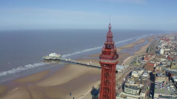 Stunning Aerial Footage View Blackpool Tower Award Winning Blackpool Beach — Stock Video