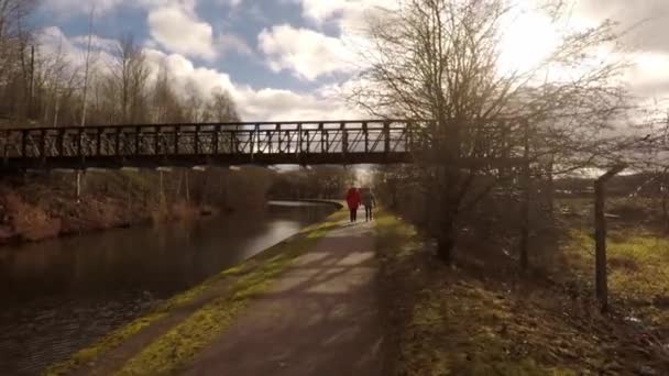 Women Take Walk Former Industrial Canal Stoke Trent Poverty Stricken — Video