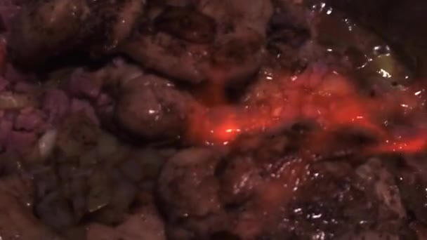 Chicken Other Ingredients Being Flamb Seeing Fire Moving Slowly Cooking — Wideo stockowe