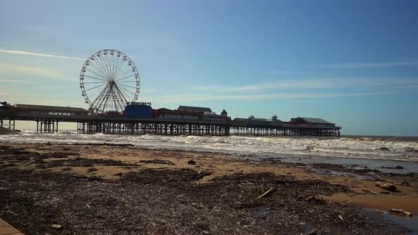 Stunning Aerial View Famous Blackpool Pier High Tide Award Winning — Stock Video