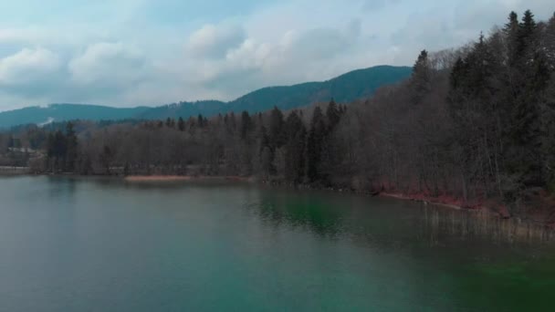 Drone Volant Long Côte Tegernsee Par Une Journée Nuageuse — Video