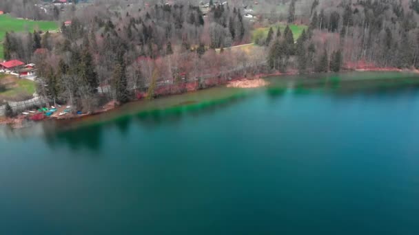 Fast Aerial Approach Coastline Lake Tegernsee Bavaria Crystal Clear Water — Stockvideo