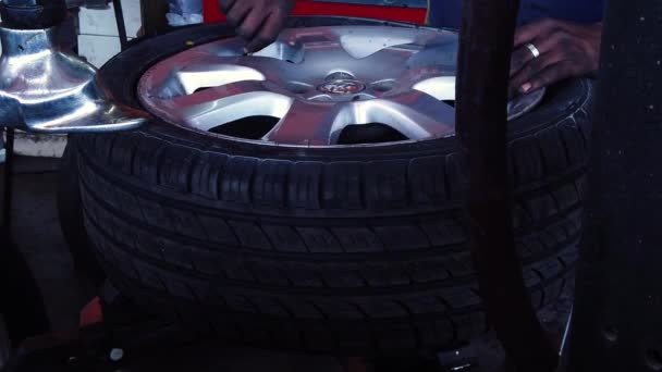 Tire Center Having Tire Fixed Put Back Together — Wideo stockowe